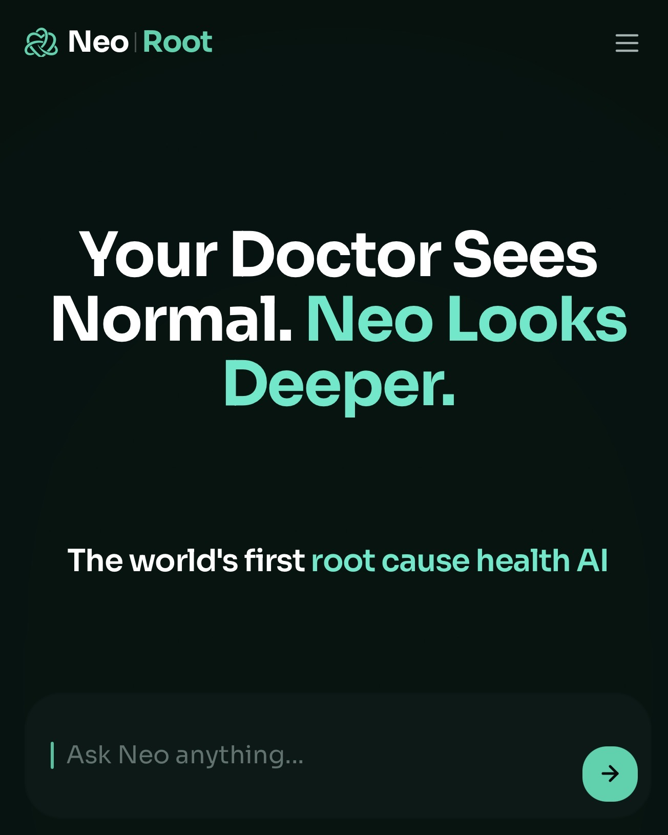 Neo Root home screen with question and lab upload entry