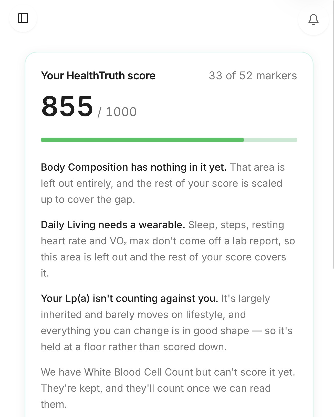Neo Root HealthTruth Score details explaining omitted and adjusted markers