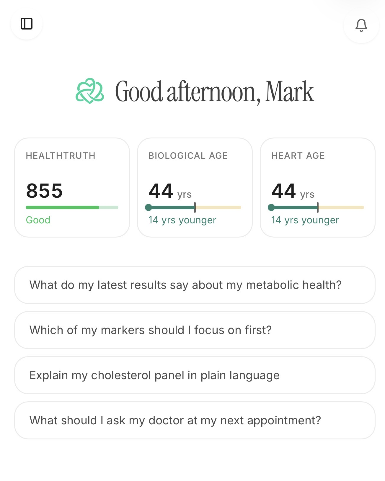 Neo Root member dashboard showing HealthTruth Score, biological age and heart age